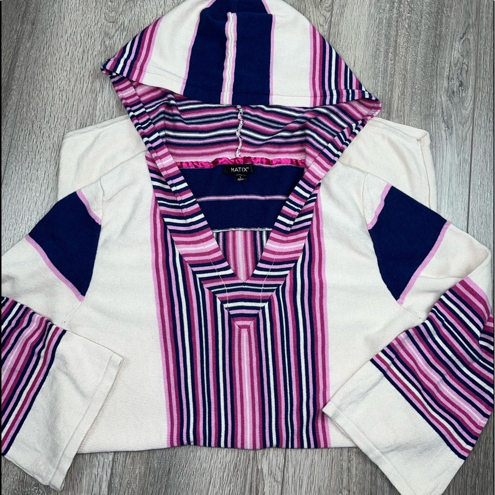 Matix Hooded Beach Coverup Large | Hooded Sweater Coverup L Cream Blue Pink - Picture 7 of 15